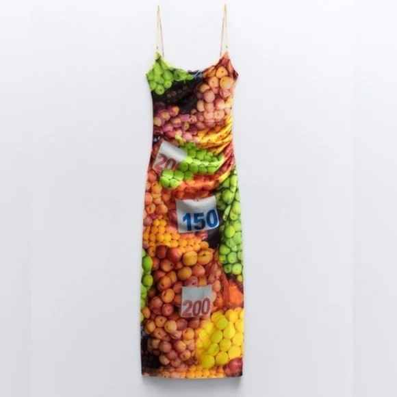 Zara Ruched Mesh Maxi Dress Strappy Sleeveless Fruit Stand Print Colorful Size S - Picture 2 of 14